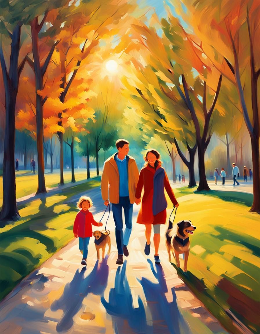 Family Stroll in Park: Vibrant Impasto Oil Painting