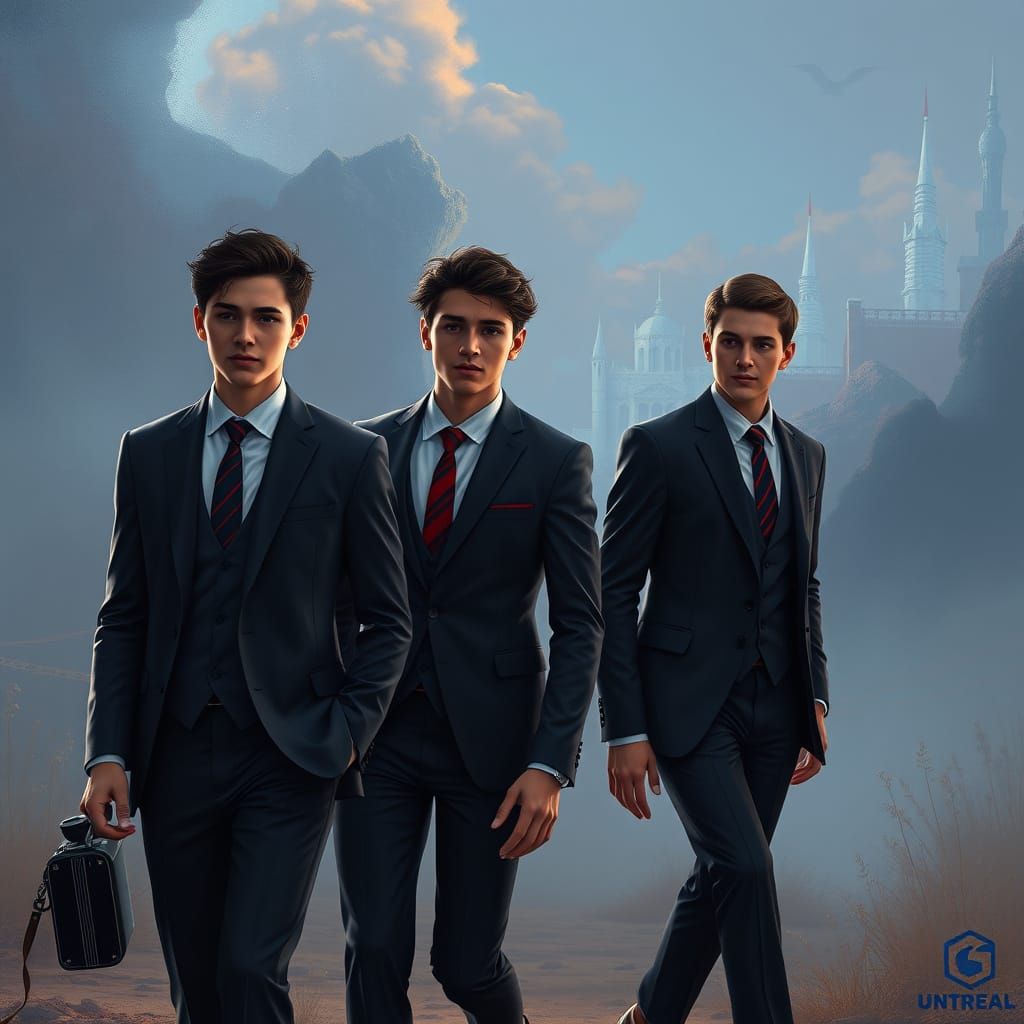 Elegant Gentlemen Strolling Through a Vibrant Fantasy Landsc...
