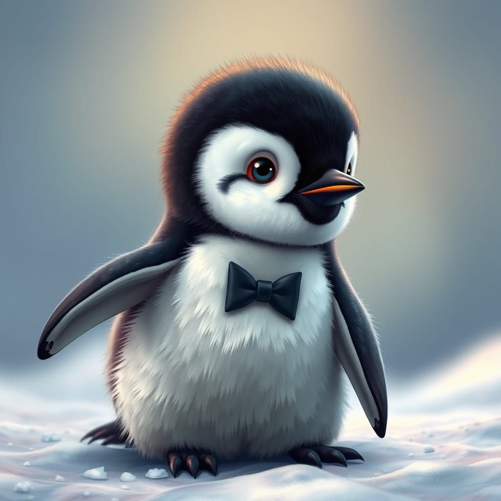 A cute fuzzy baby adorable penguin in the Arctic Hyperrealistic, splash art, concept art, mid shot, intricately detailed...