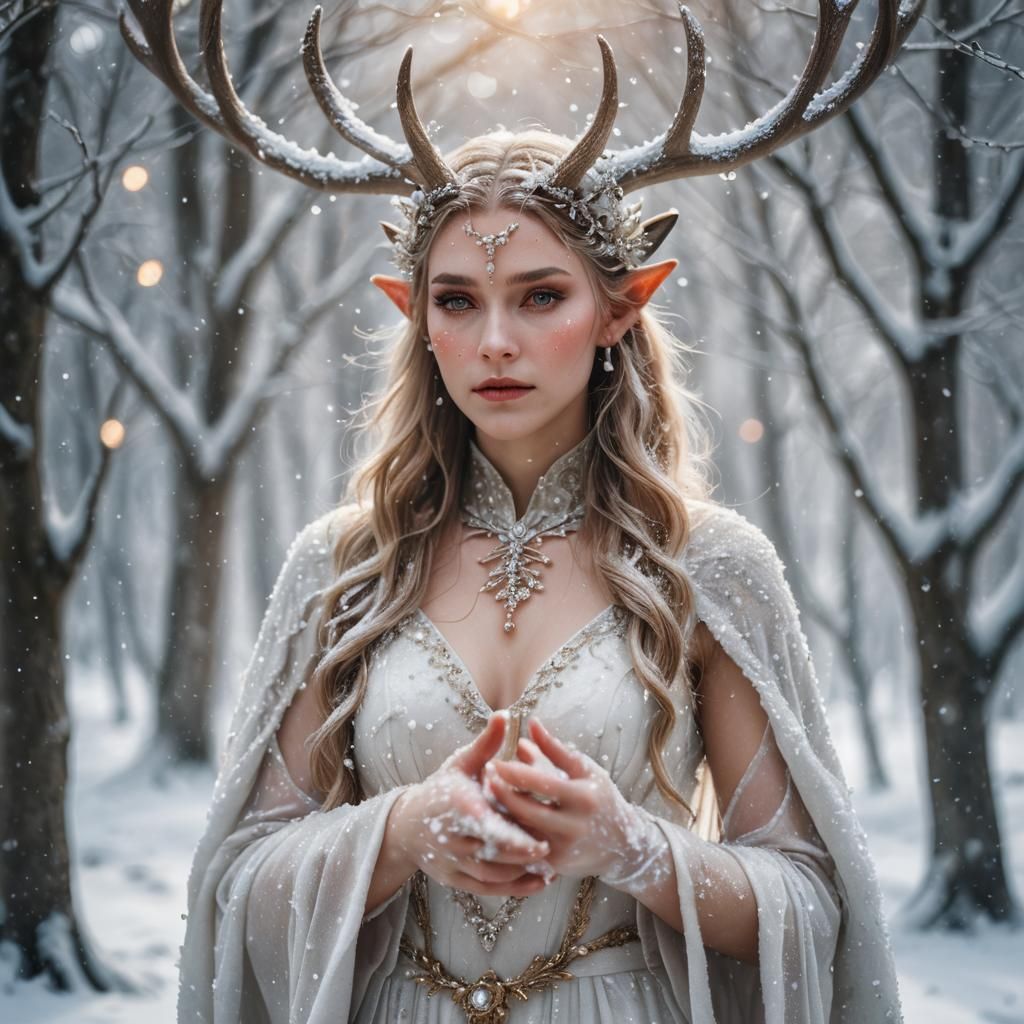 Ethereal Elf Portrait with Deer Antlers