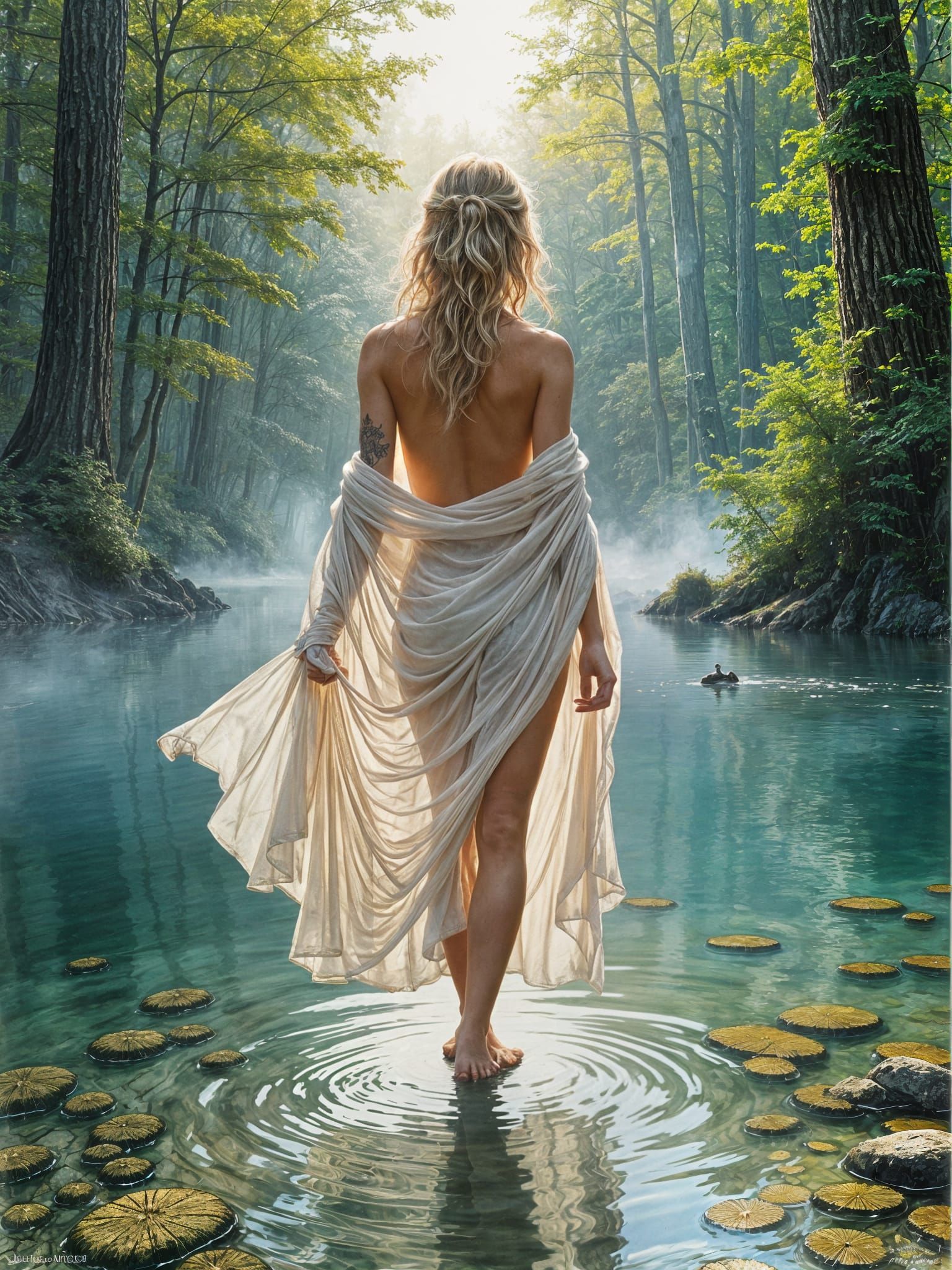 Woman in White Robe by Forest Lake
