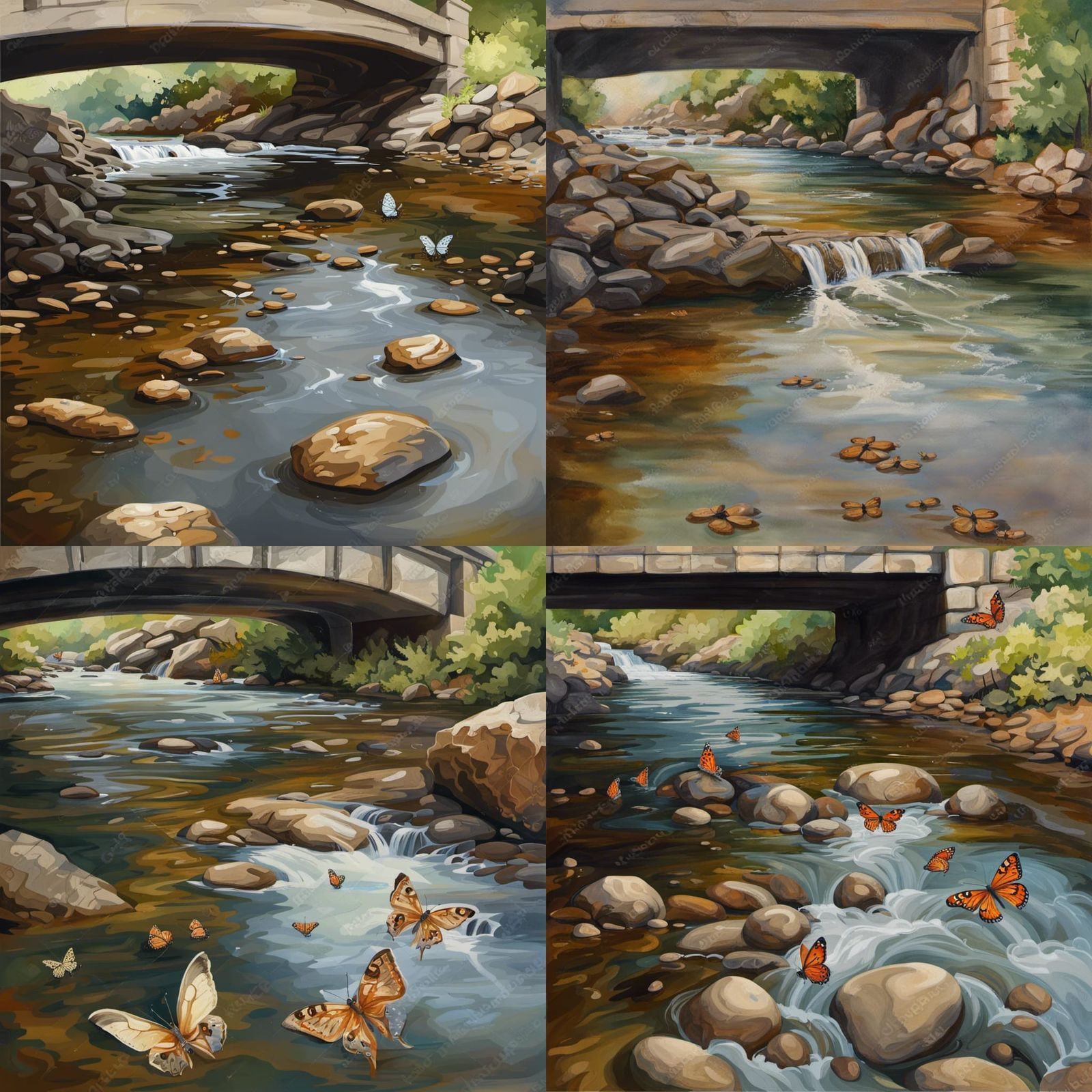 Scenic Bridge Over Stream Realistic Painting