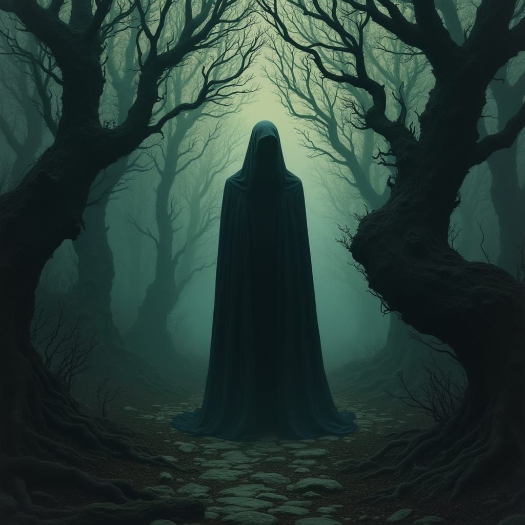 Dark Figure Emerges from Shadows in Haunting Forest