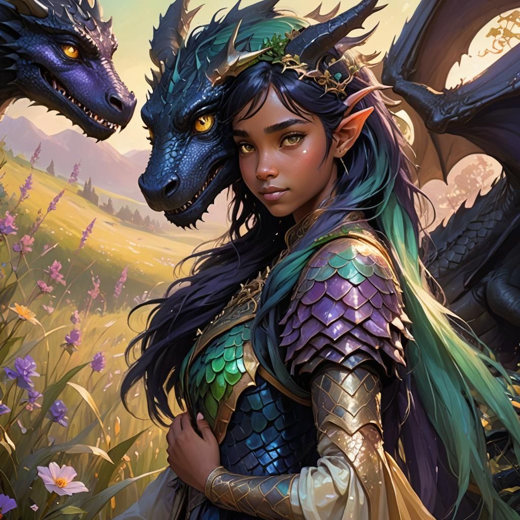 Elf and Dragon Embrace in Pastel Meadow
