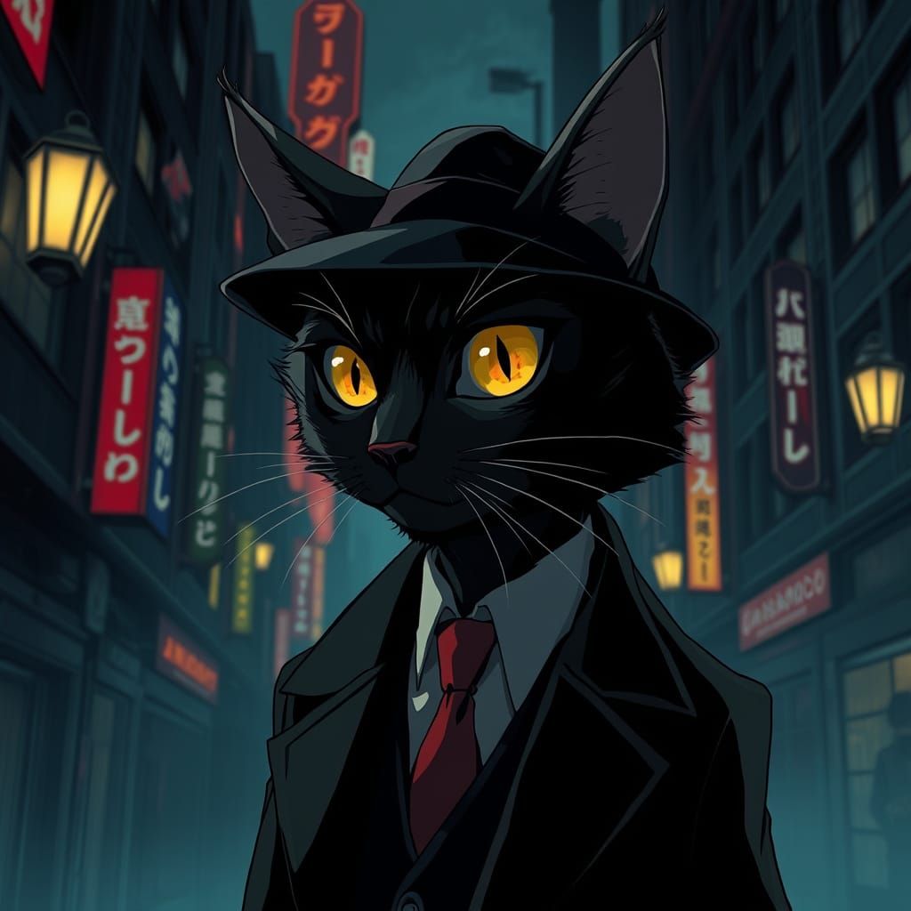 Noir Cat Detective in Cyberpunk Anime City