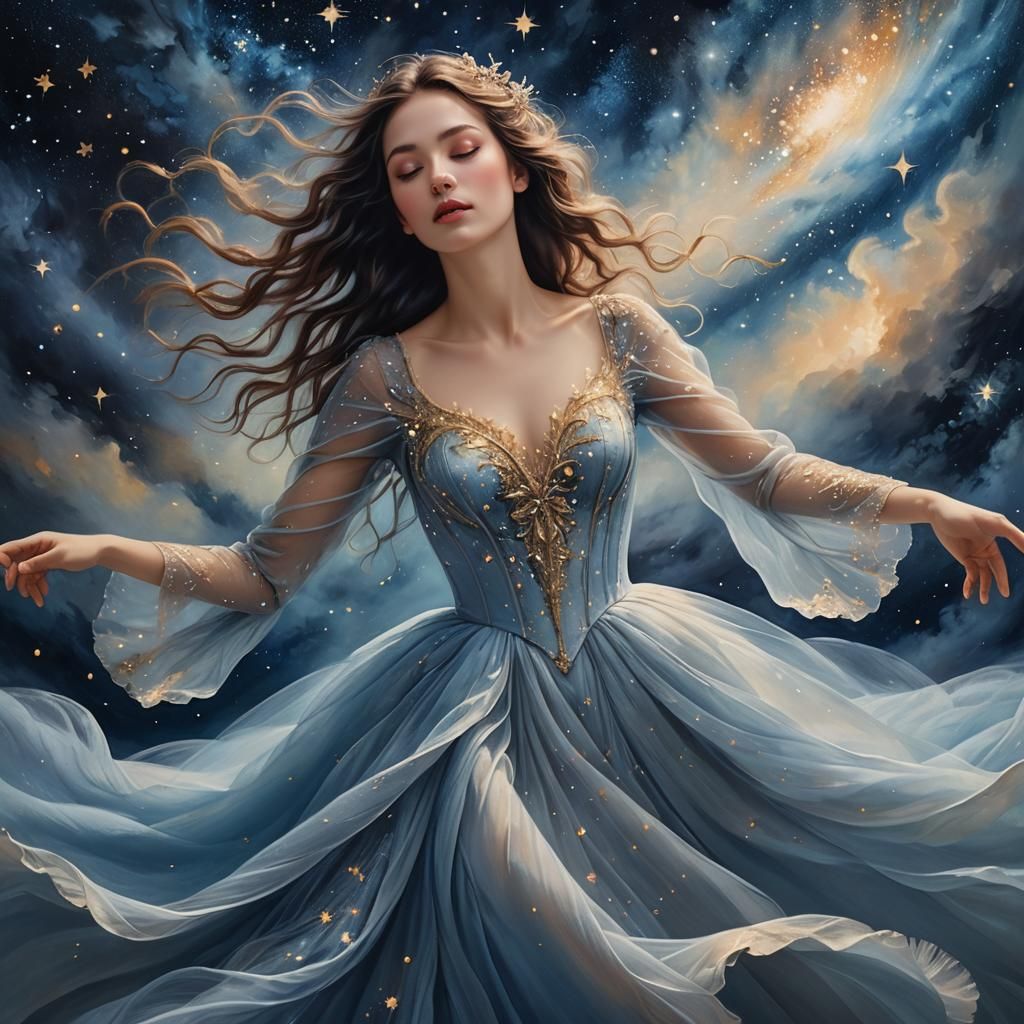 Dreamy Surrealism: Lady in Starry Night Sky