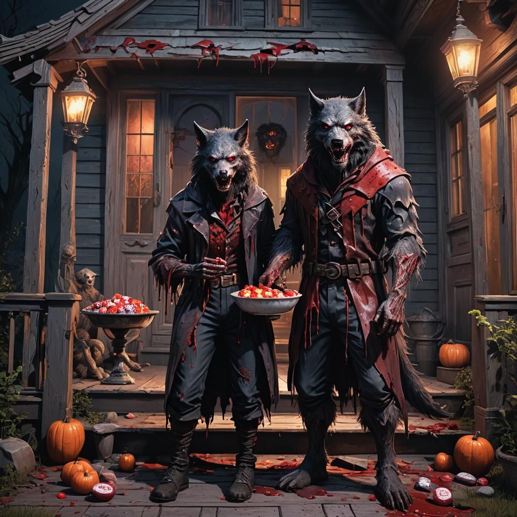 Werewolves on Porch Offering Candy: Detailed Matte Painting