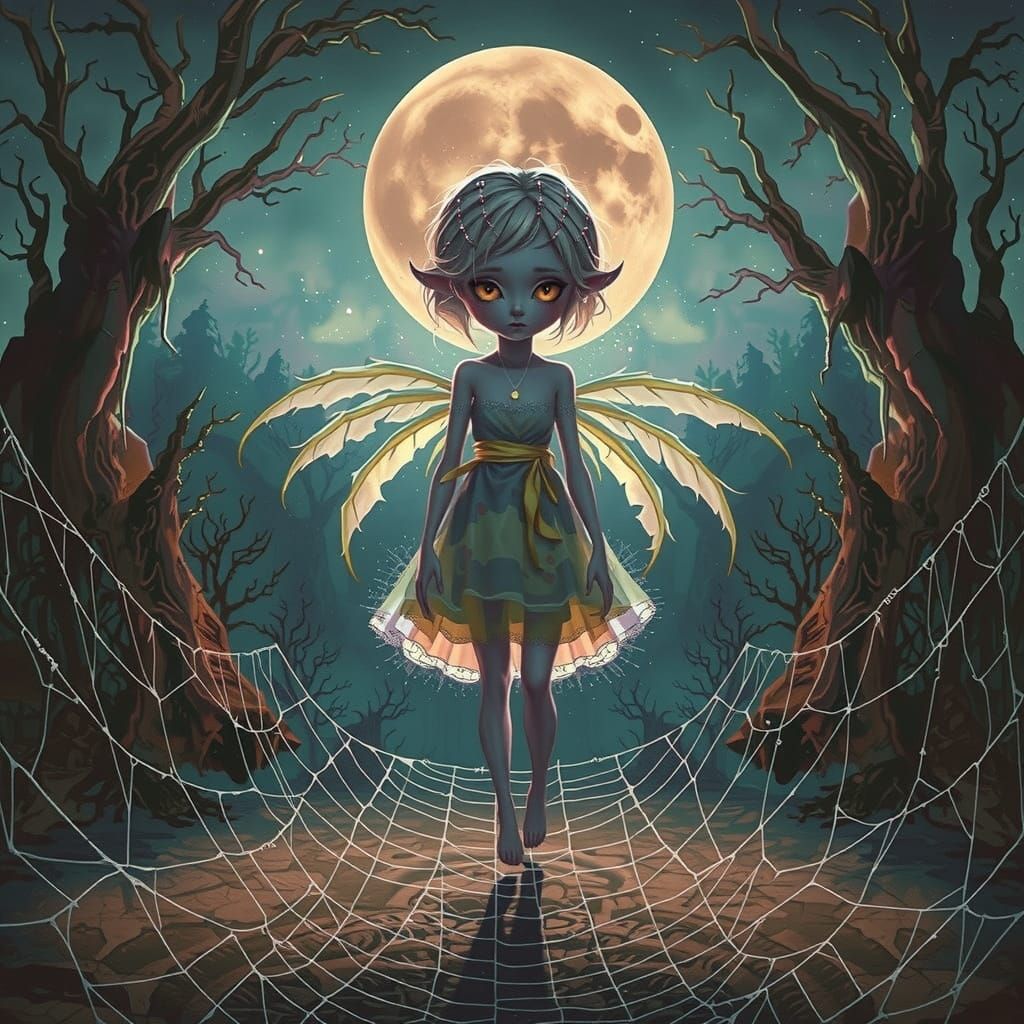Sorrowful Spider Girl in Moonlit Forest