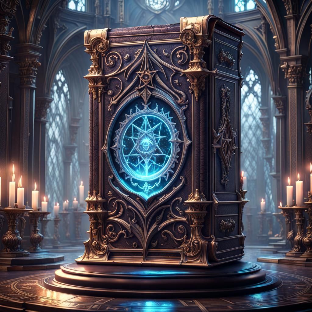 Glowing Gothic Spellbook on Pedestal: Dark Fantasy Art
