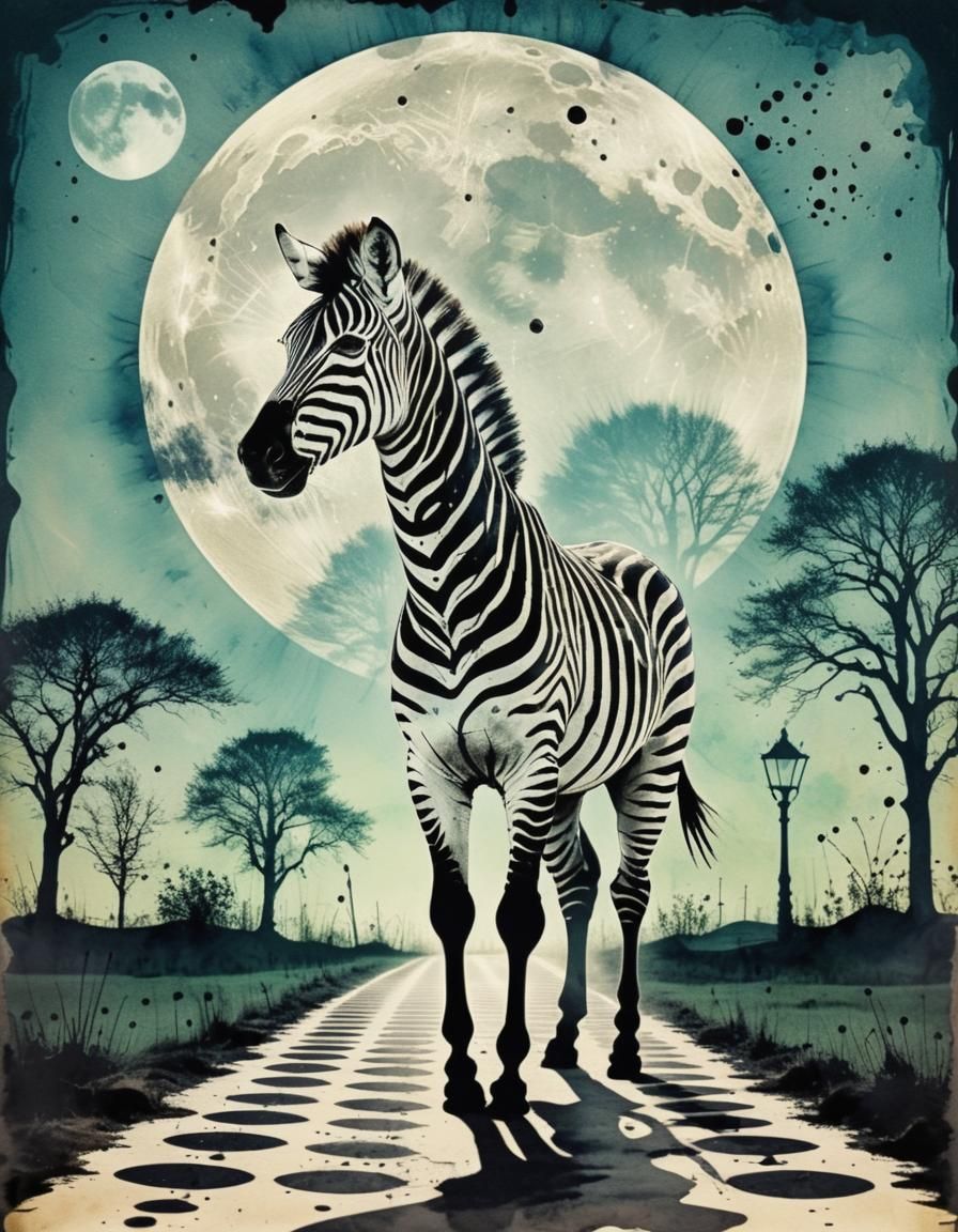 Steampunk Zebra Crossing Silhouette in Double Exposure