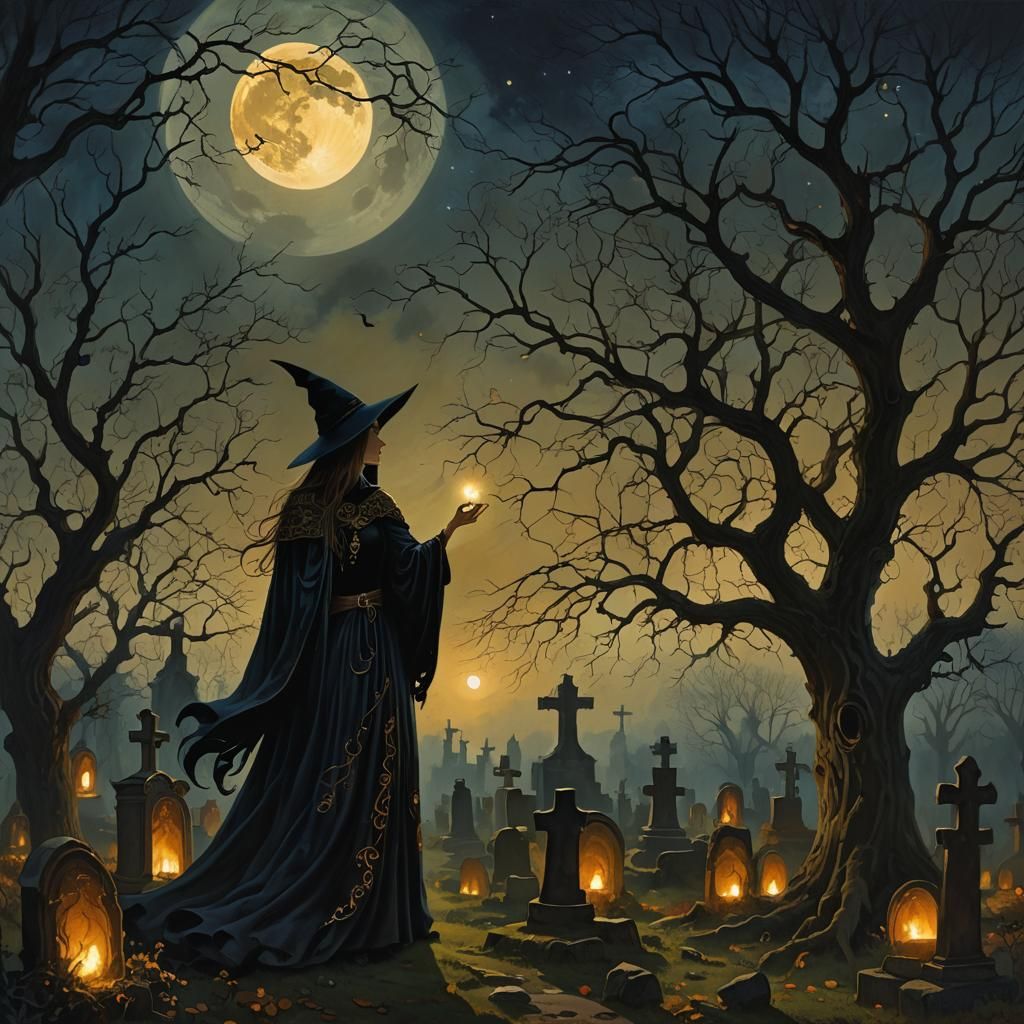 Mystical Witch in Graveyard, Symbolist Artwork
