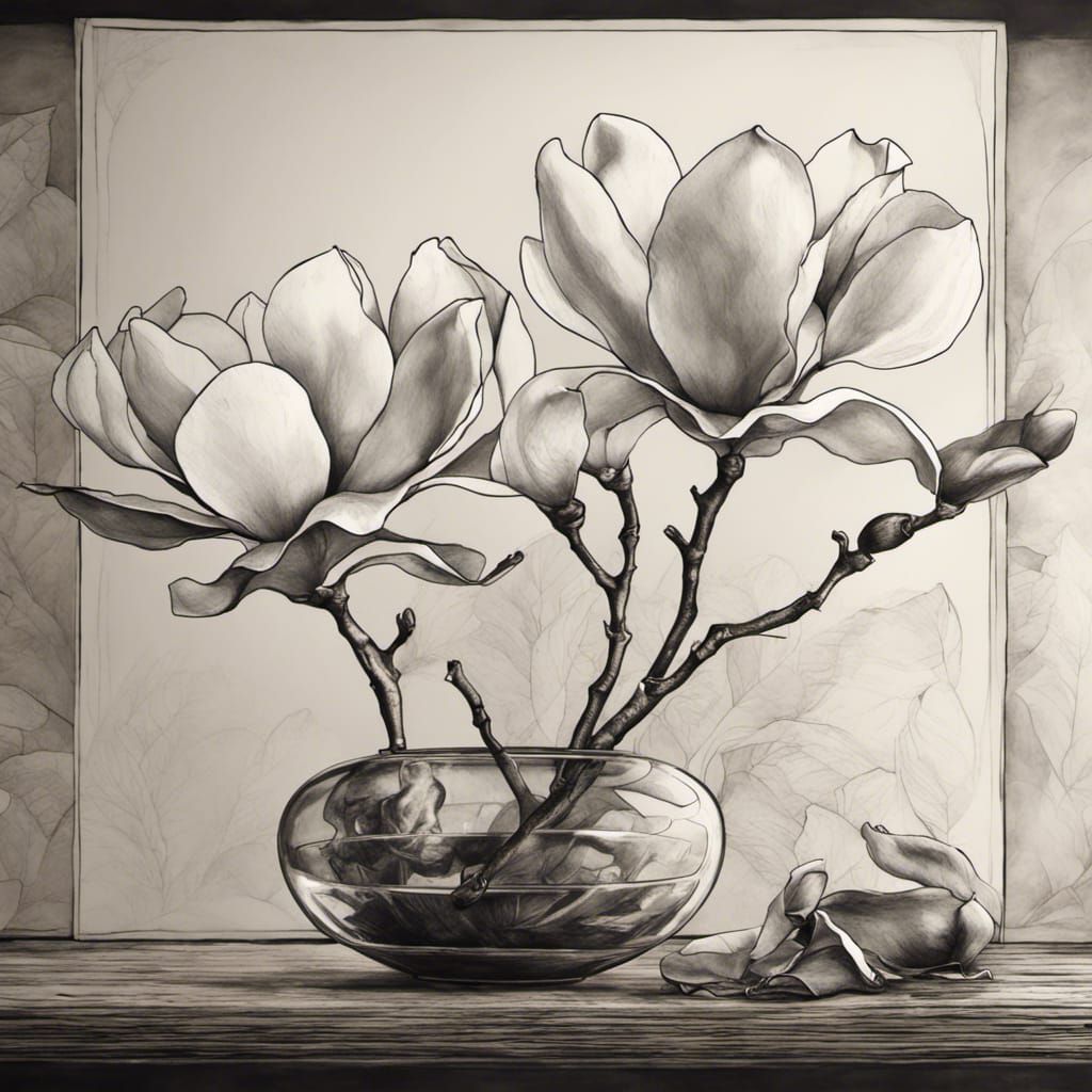 Magnolia Flowers in Etched Glass Vase, Ink Drawing