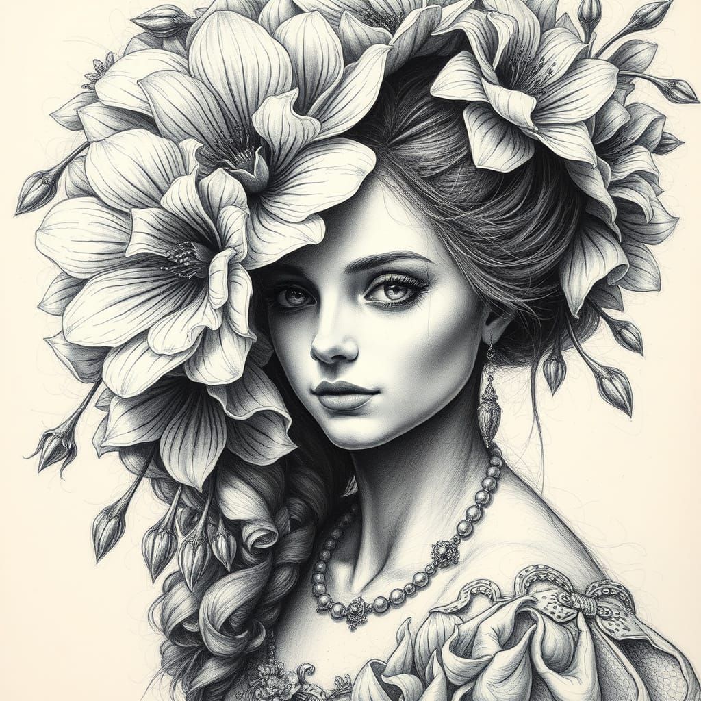 Renaissance Woman Adorned with Giant Floral Hair in Charcoal...