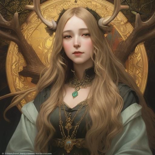 Gothic Goddess with Golden Halo in Pre-Raphaelite Style