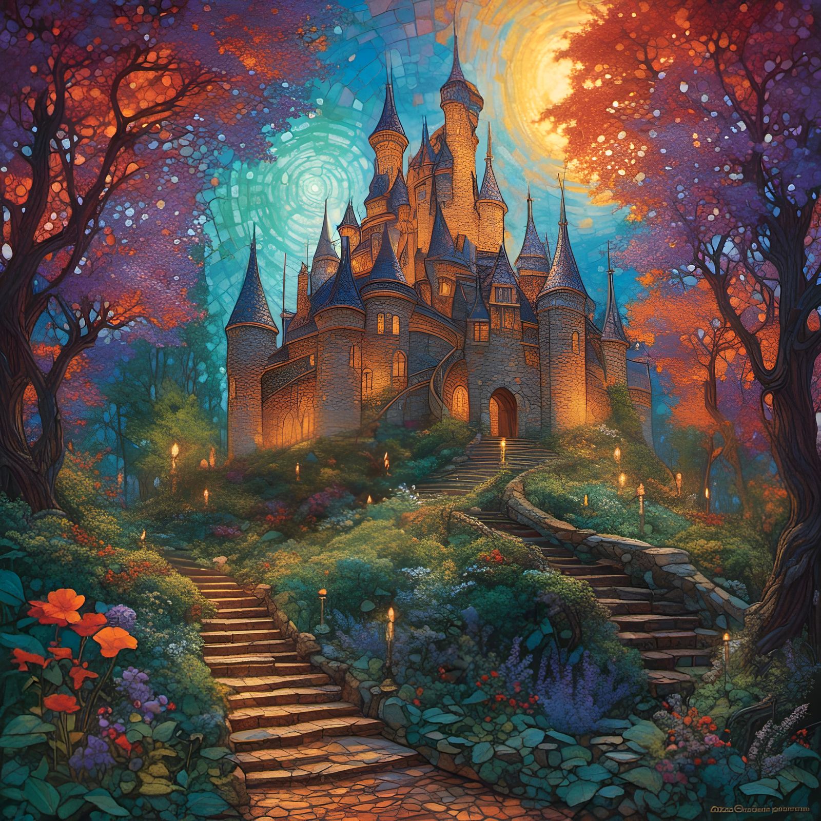 Glowing Castle in Vivid Stained Glass Style