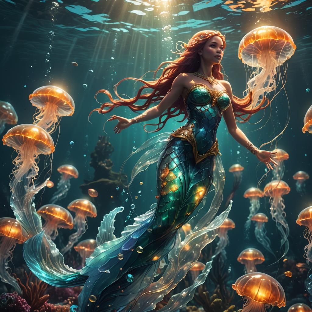 Glowing Glass Mermaid in Ocean, Fantasy Concept Art