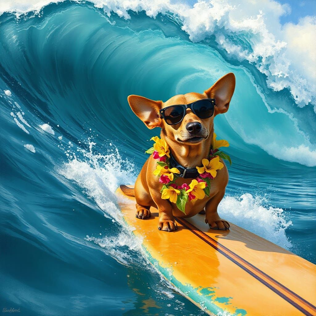 Dog surfer on a wave