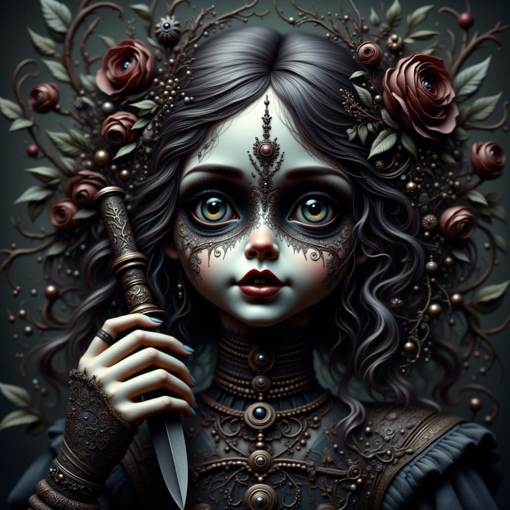 Romantic Gothic Doll in Whimsical Horror Setting