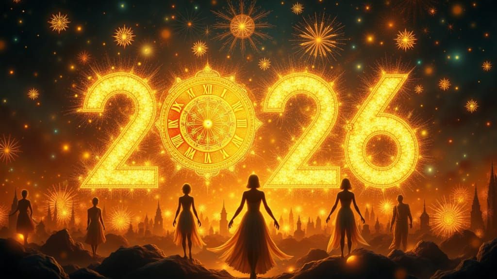 New Year 2026 Cosmic Celebration with Ethereal Figures