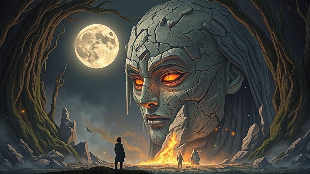Colossal Stone Face Emerges Under Moonlight