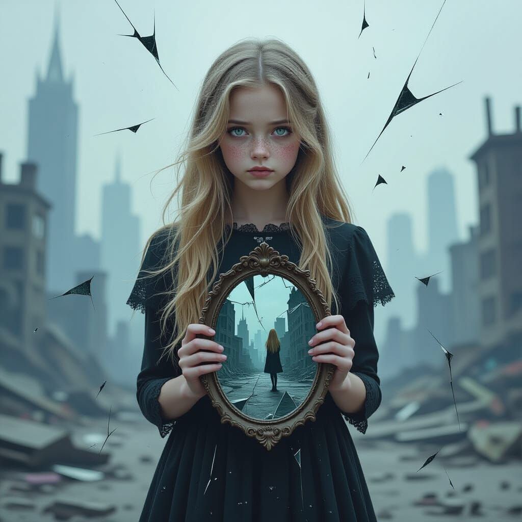 Glitching Cityscape: Sorrowful Girl in Dark Fantasy Style