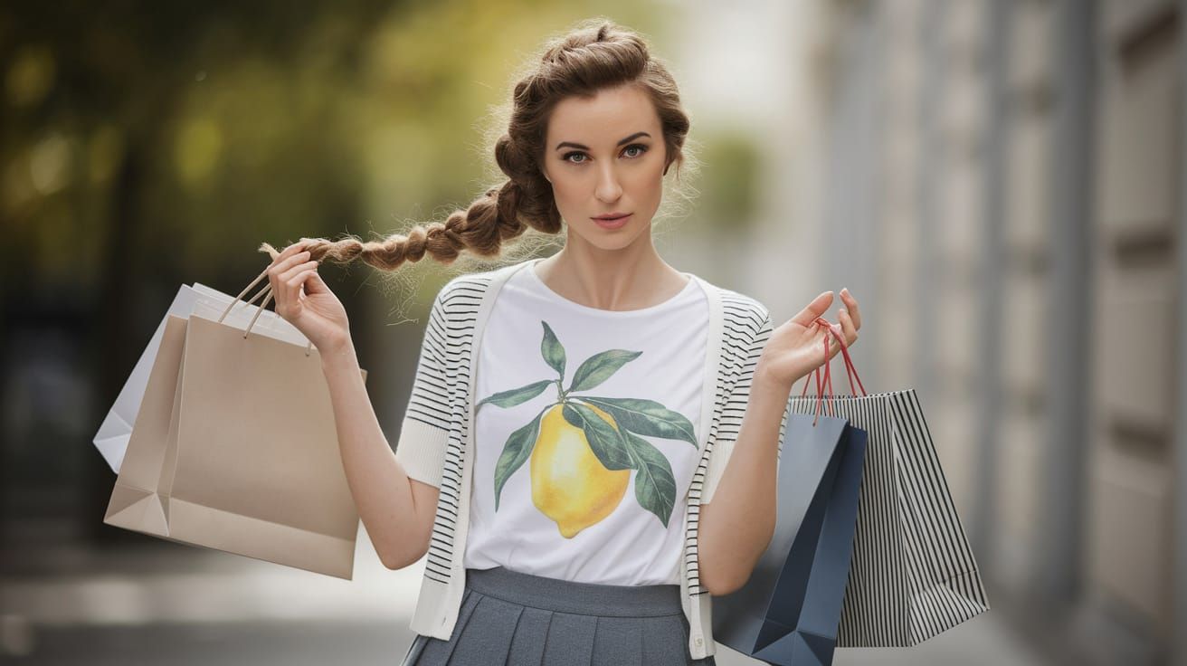 Woman in Lemon T-Shirt with Shopping Bags