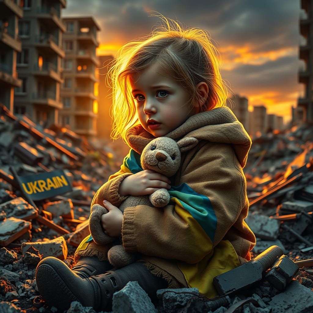 War-Torn Child Finds Solace in Tattered Coat and Plush Bunny