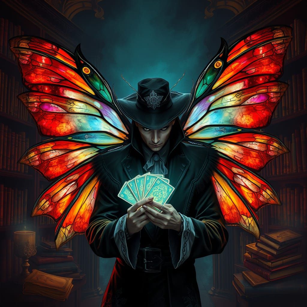Magician with Moth Wings Performs Card Trick
