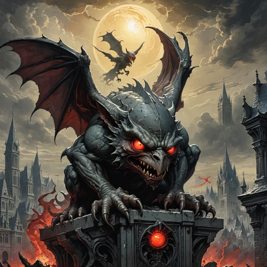 Angry Gargoyle with Glowing Red Eyes in Doré Style