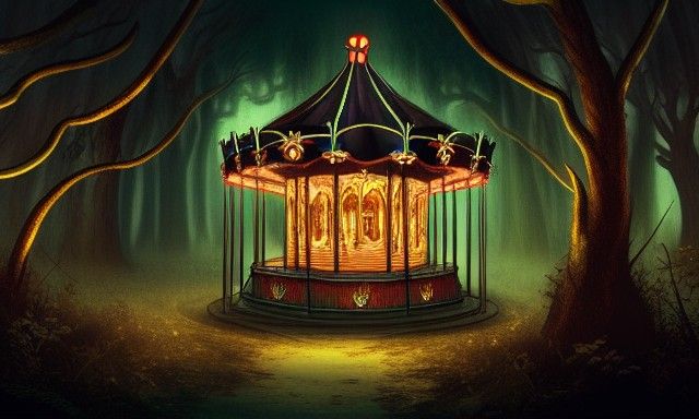 Creepy Gothic Carousel in Dark Forest at Night