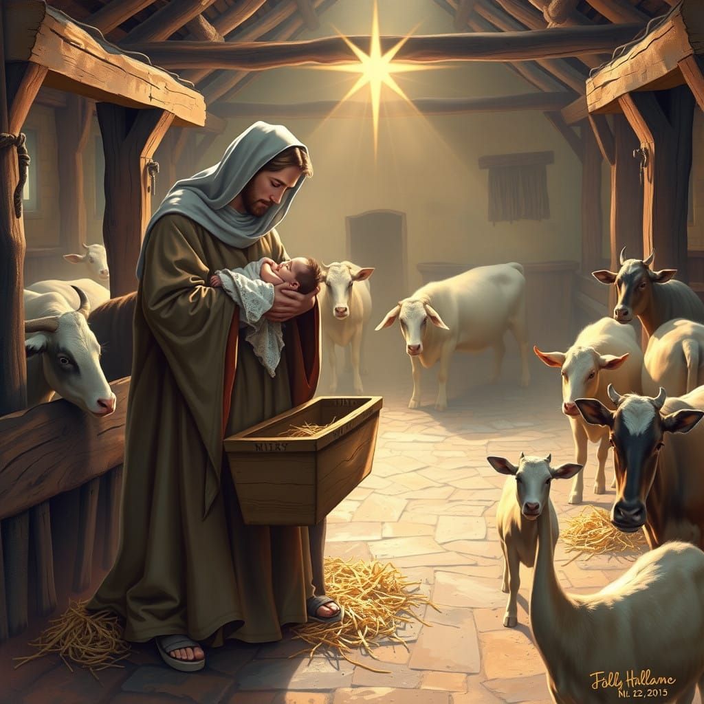 Mary and Joseph with the Baby Jesus in a Rustic Stable Scene