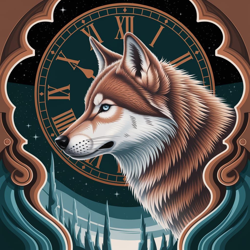 Stylized Wolf Profile with Clock and Ornate Details