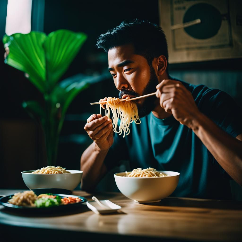Cinematic Ramen Still: Man Enjoying Japanese Noodles