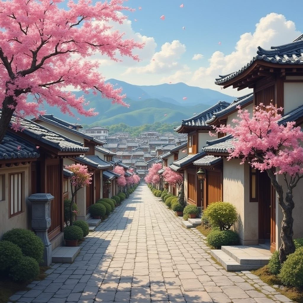 Oriental Village with Cherry Blossoms in Oil Painting Style