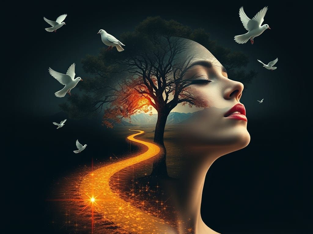 Surreal Double-Exposure Portrait of a Woman with Tree in Her...