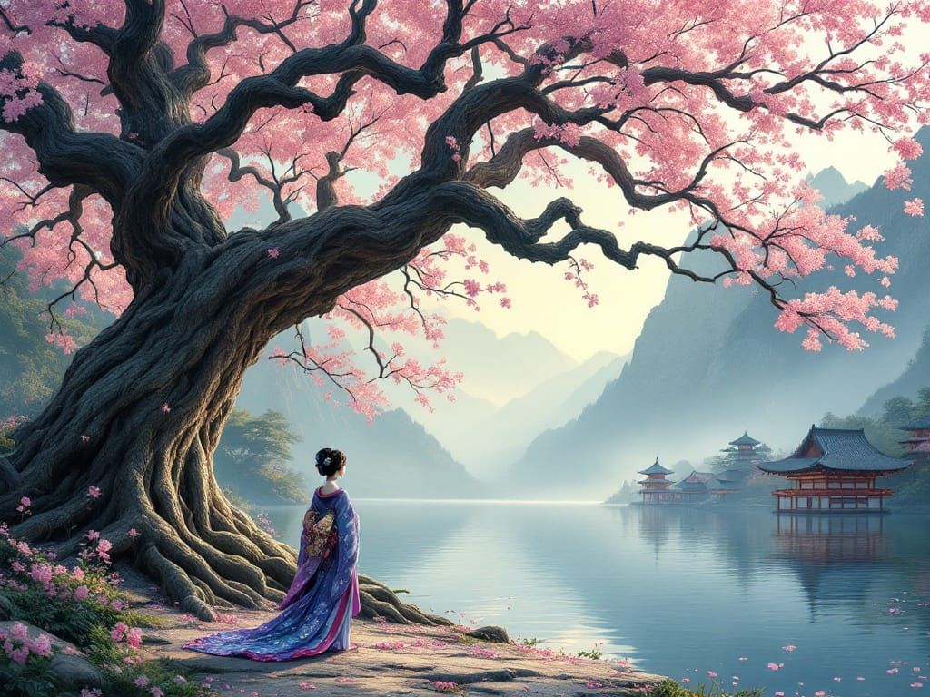 Ethereal Sakura Scene in Traditional Japanese Style