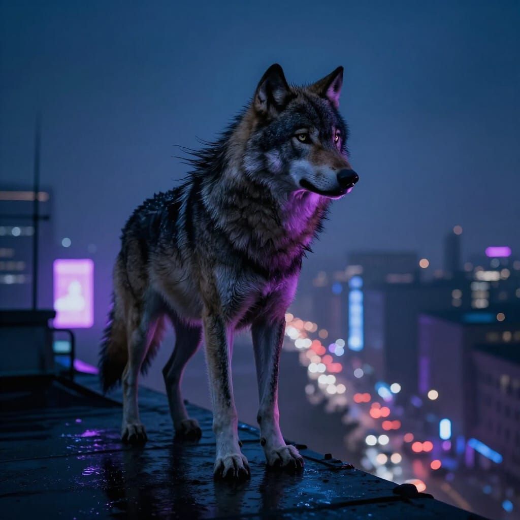 Lone Wolf Overlooking Neon Cityscape at Night