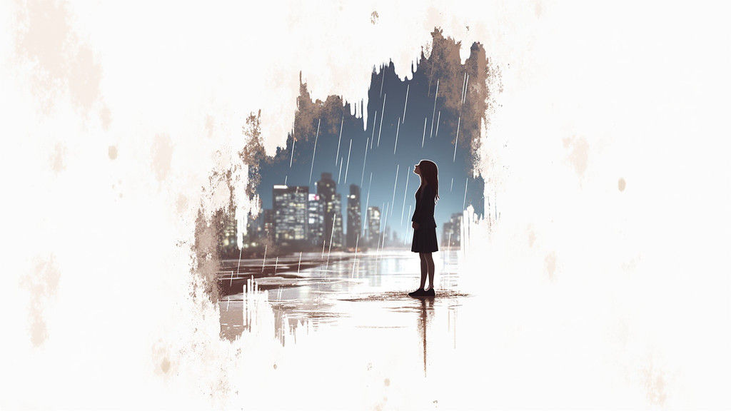 Elegant Woman Lost in Rainy City Night Sky
