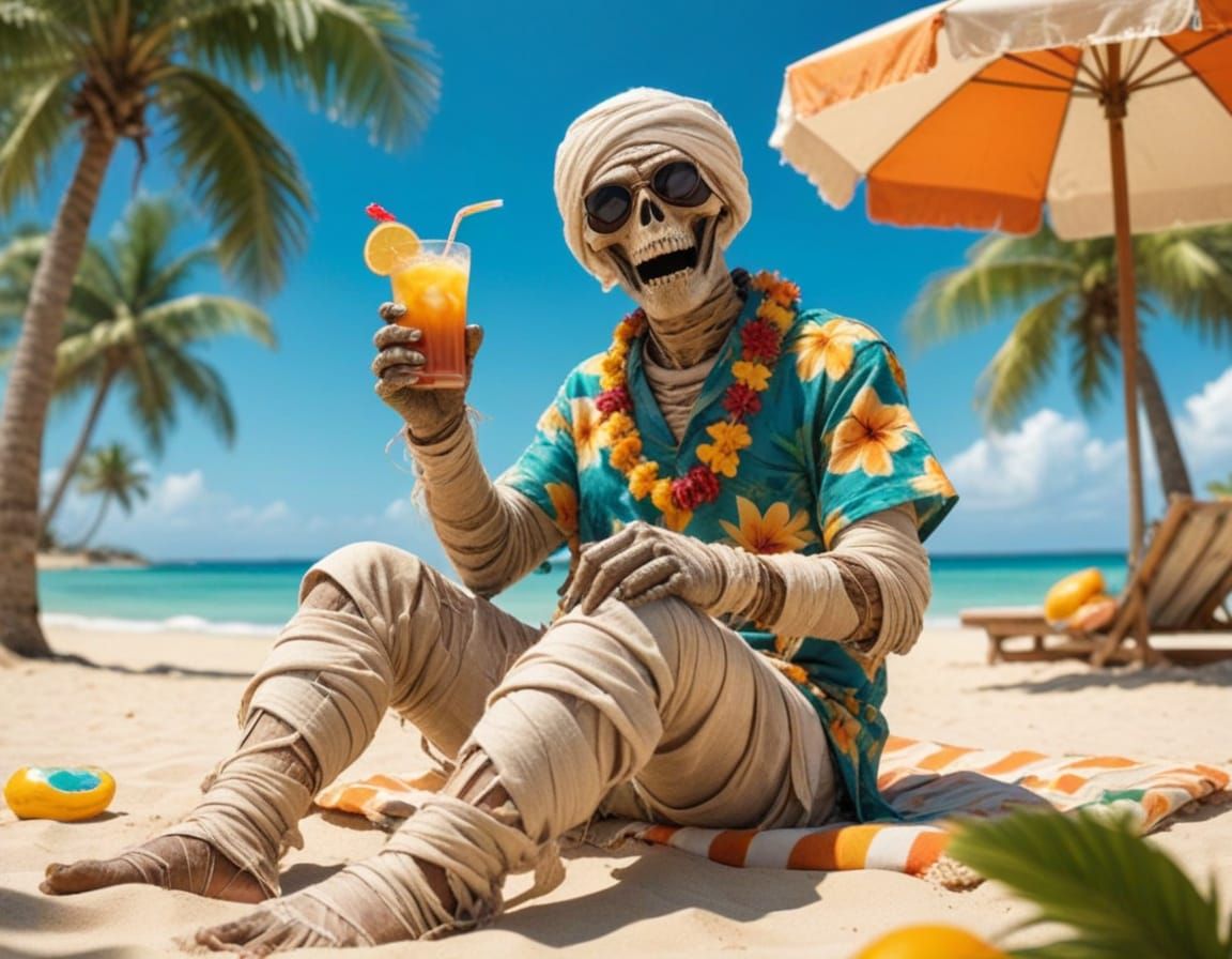 Mummy's Tropical Vacation on a Sunny Beach