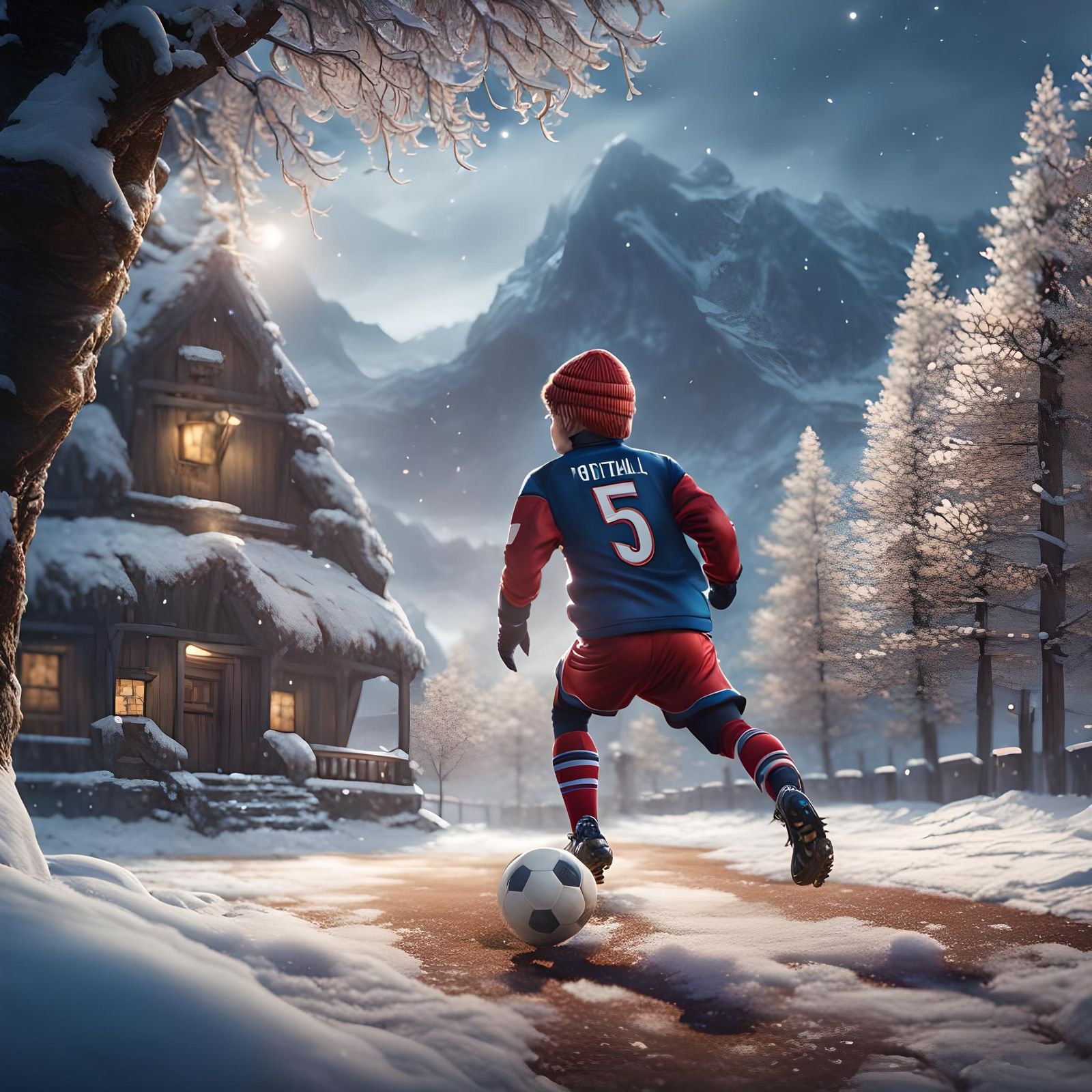 Child Playing Football in Winter: Detailed Matte Painting