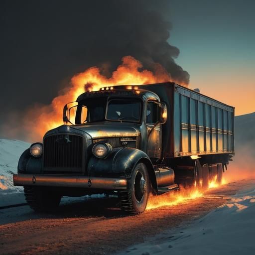 Fiery Truck Crash: Soul Ascending in Oil Painting
