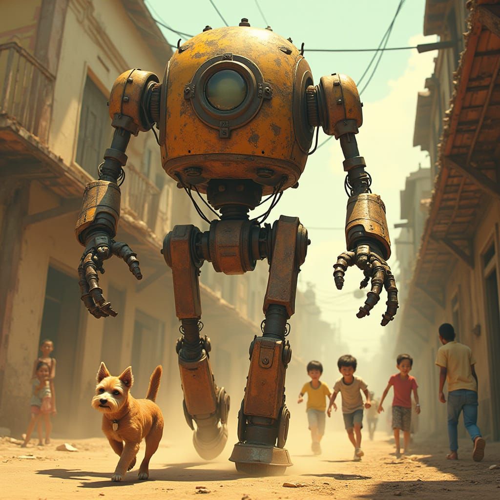 Rusty Robot Chases Joyful Children in a Sun-Scorched Street