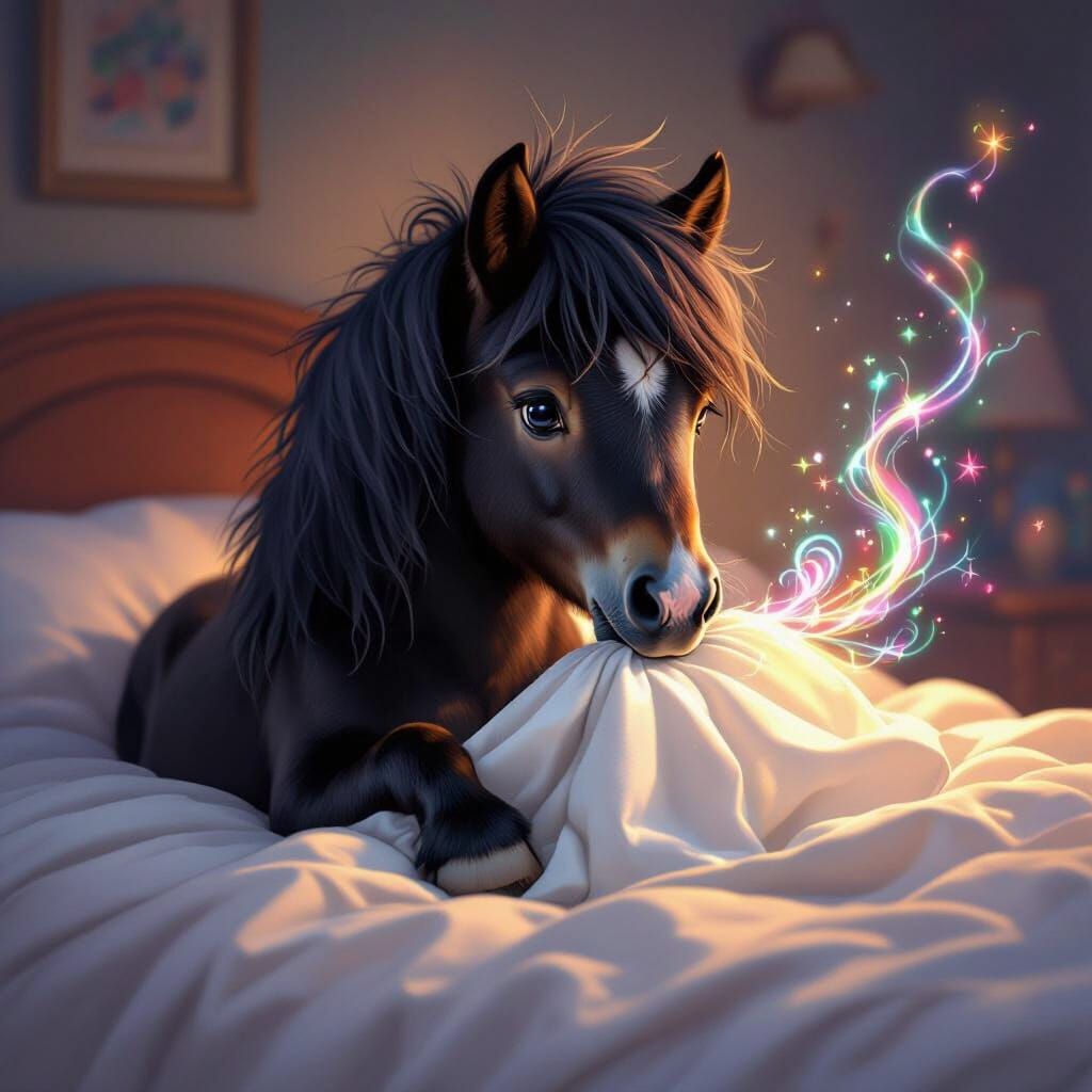 Black Shetland Pony Making Bed with Magic