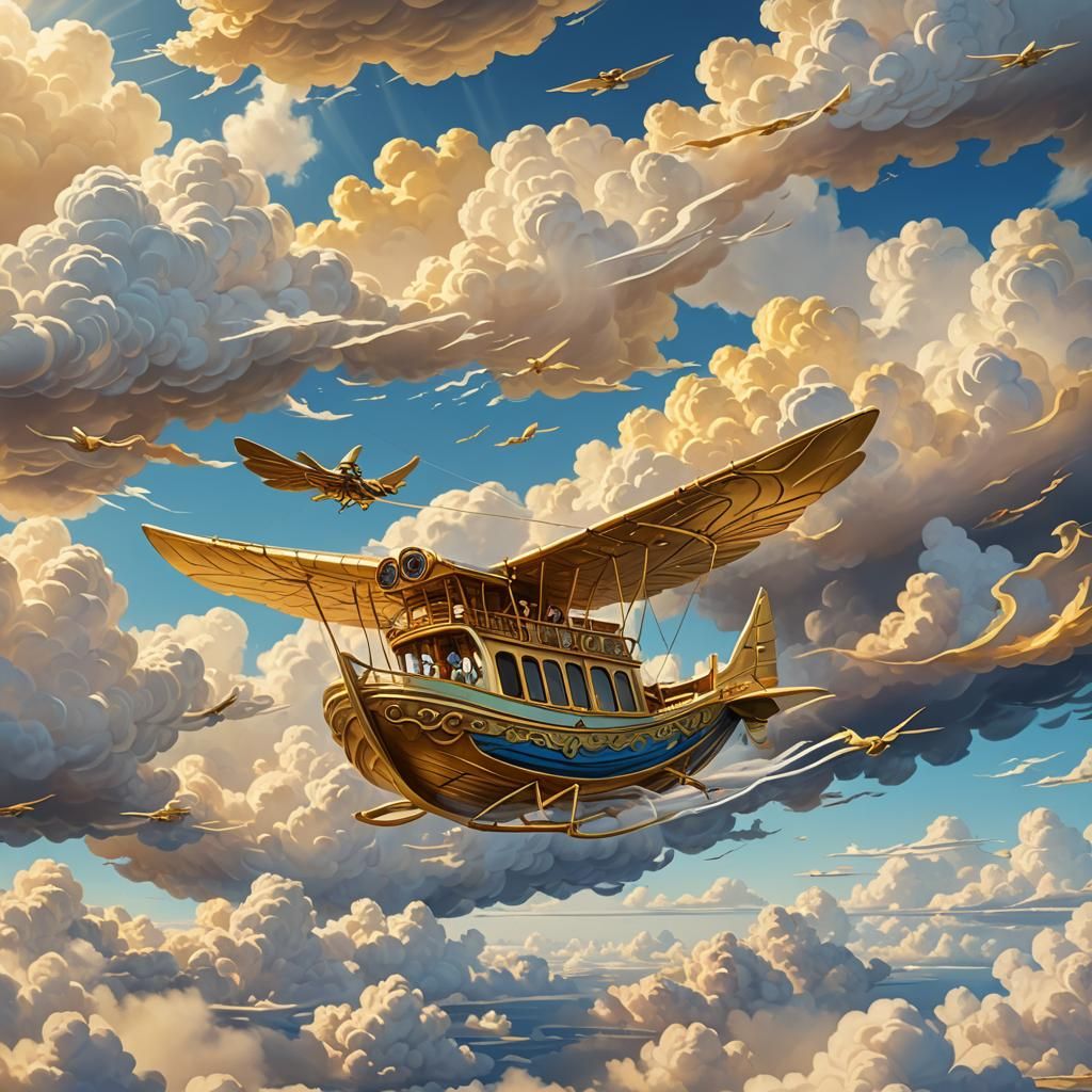 Golden Fly Boat Soaring Through Dreamy Sky