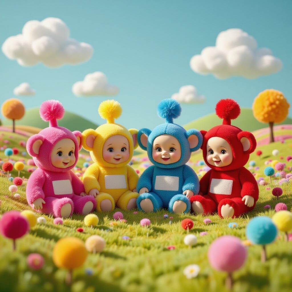 Whimsical Teletubbies as Pom Pom Balls in Colorful Landscape