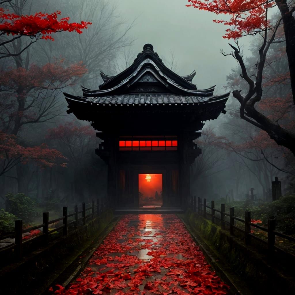 White fog, red leaves