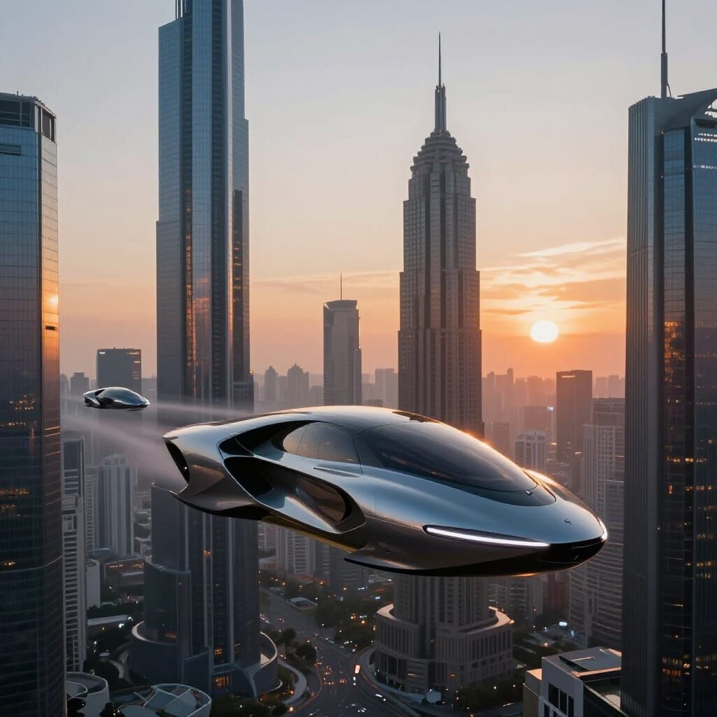 Futuristic Cityscape with Flying Cars at Dusk