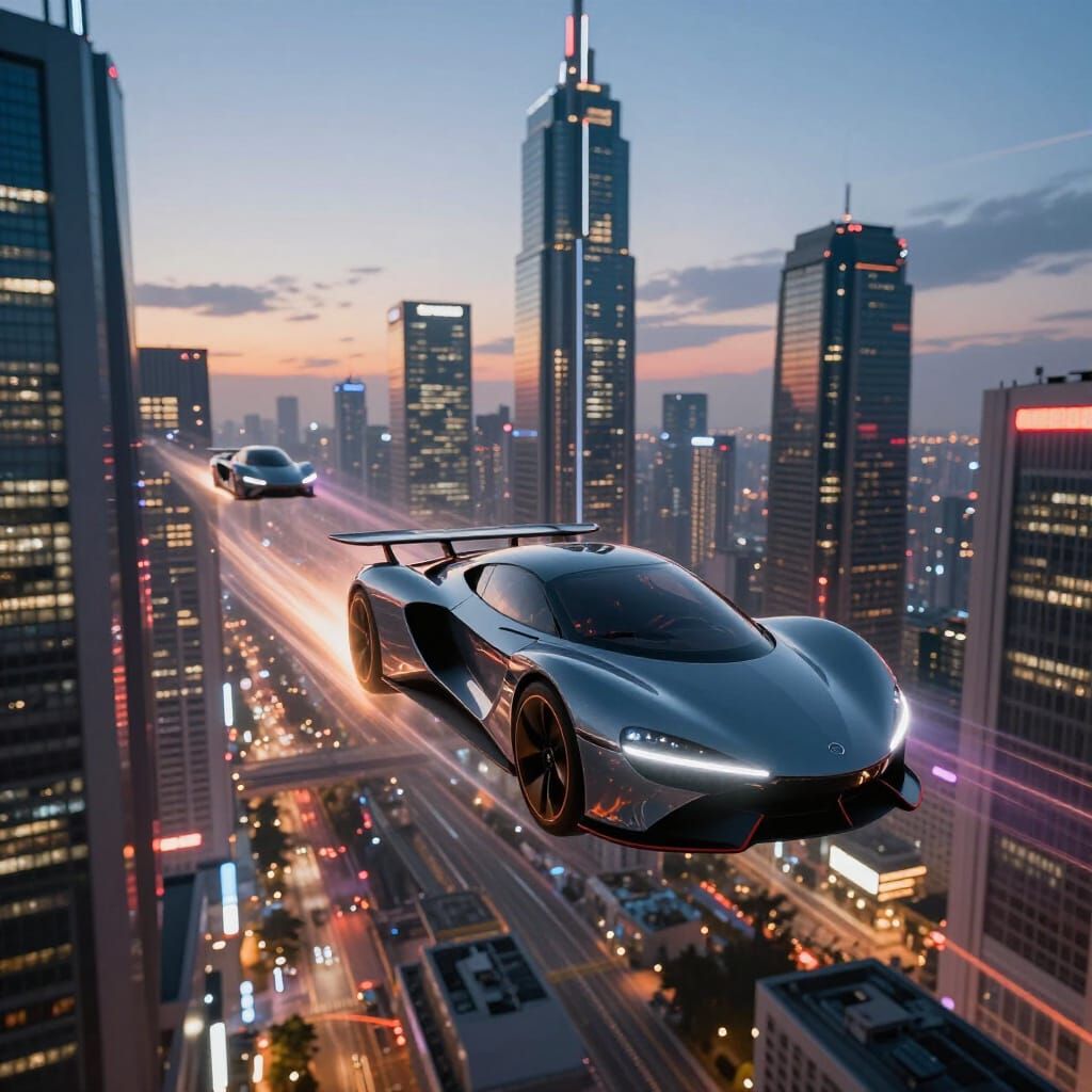 Futuristic Cityscape with Flying Cars at Twilight