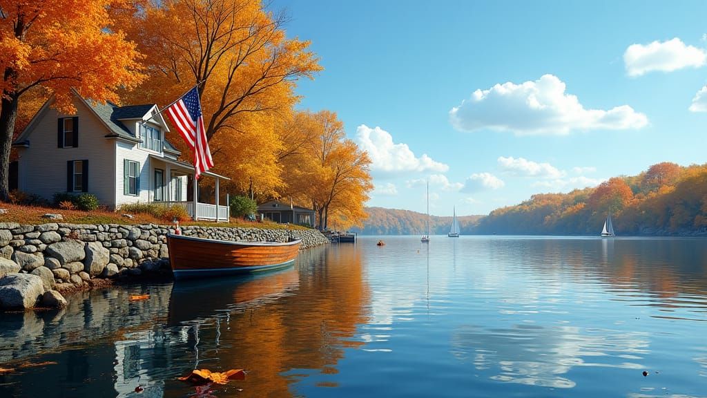 Autumn Lakeside Scene with American Flag