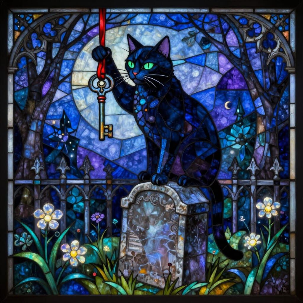 Stained Glass Cat with Key on Tombstone in Gothic Garden